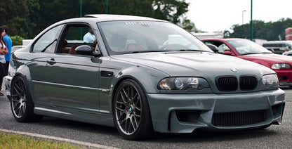 Side Close-up of Front Bumper for BMW 3 Seires E46 1M Look on vehicle. Made from 1st grade FRP (reinforced fiberglass)