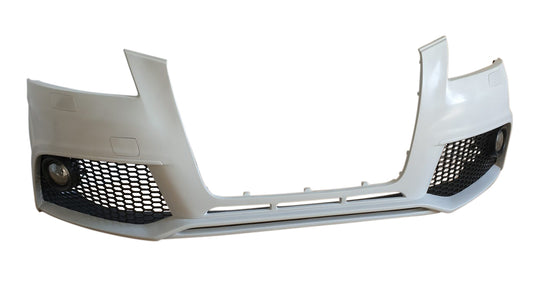Front bumper Audi A3 8P3 (09–12) RS3 2.0 Look with honeycomb grilles and fog light mounts, shown in primer finish for painting and installation.