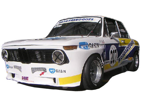Racing-prepared BMW 2002 with wide wheels, sponsor decals, and a custom front lip for track performance.