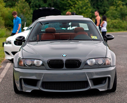 Front View of Front Bumper for BMW 3 Seires E46 1M Look on vehicle. Made from 1st grade FRP (reinforced fiberglass)