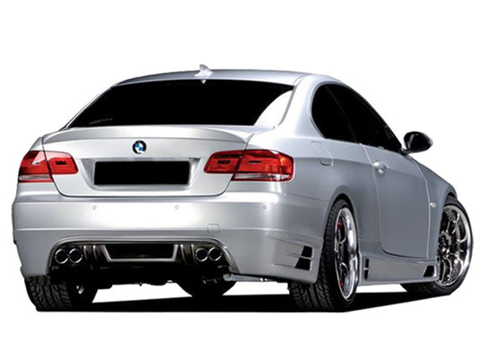 Rear bumper add-on BMW 3 Series Coupe E92/E93, silver car with sporty diffuser and quad exhaust.