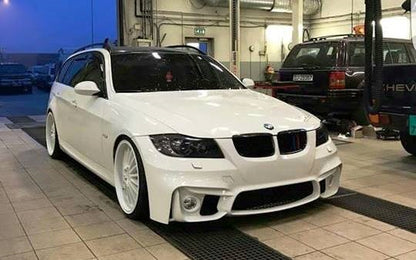 Front View of Front Bumper for BMW 3 Series E90/E91 PRE-LCI M4 Look Fog Lights on vehicle. Made from 1st grade FRP (reinforced fiberglass)