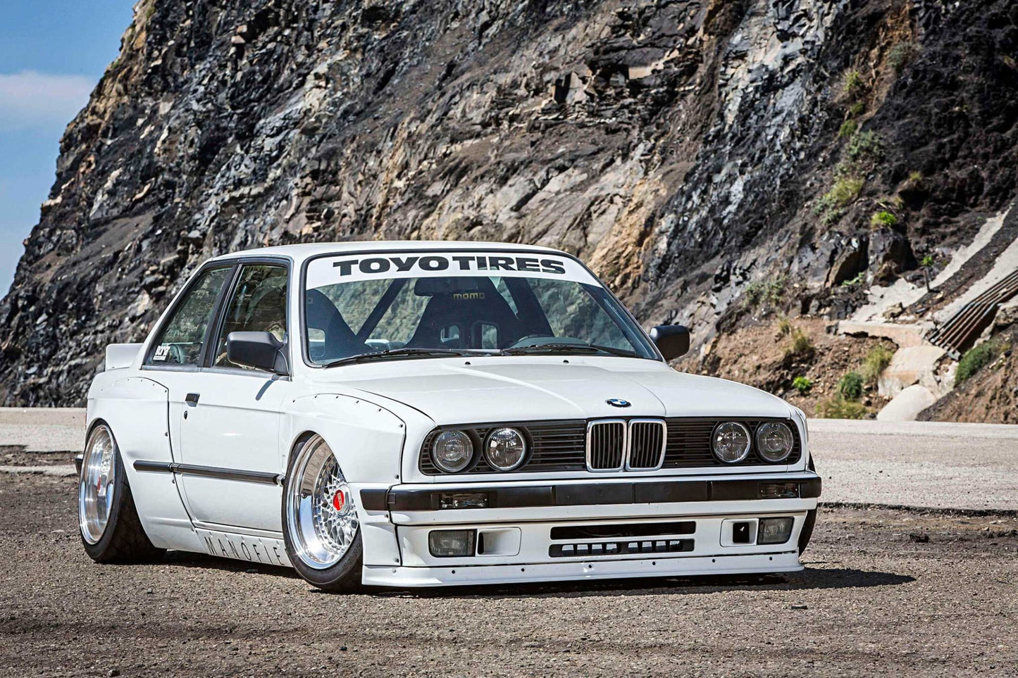 Front View of Body Kit BMW E30 Coupe "Rocket Bunny" on vehicle