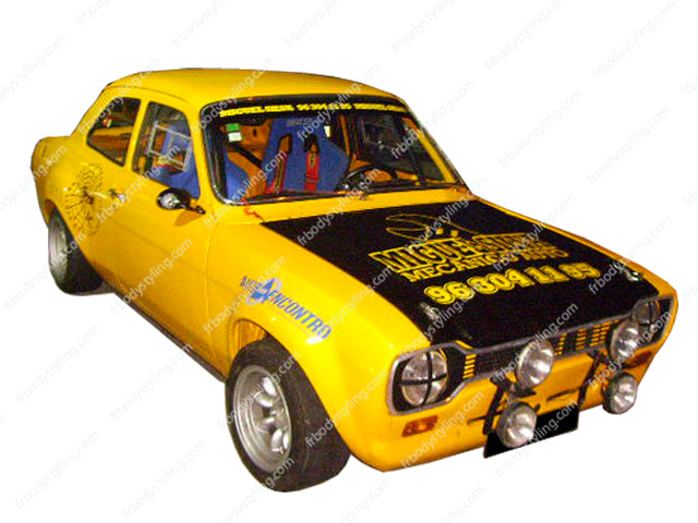 Front View of Bonnet Hood for Ford Escort MK1 on vehicle. Made from 1st grade FRP (reinforced fiberglass)