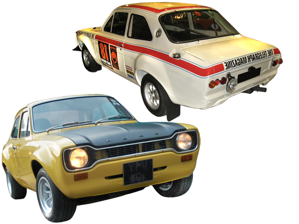 Body Kit of Bonnet Hood, Trunk & Wheel Arches for Ford Escort MK1 on vehicle. Made from 1st grade FRP (reinforced fiberglass)