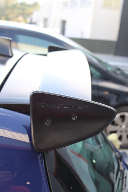Close-up of Roof Spoiler for Renault Clio III Sport on vehicle. Made from 1st grade FRP (reinforced fiberglass)