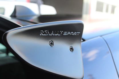 Close-up of Roof Spoiler for Renault Clio III Sport on vehicle. Made from 1st grade FRP (reinforced fiberglass)