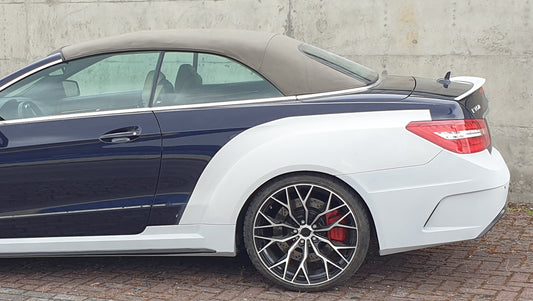 Trunk Spoiler for Mercedes E-Class Cabrio Pre-Facelift A207 on vehicle. Made from 1st grade FRP (reinforced fiberglass)