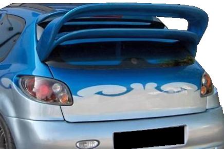 Back view of a Peugeot 206 with an aftermarket roof spoiler, enhancing the rear aerodynamics and giving the hatchback a sportier appearance.