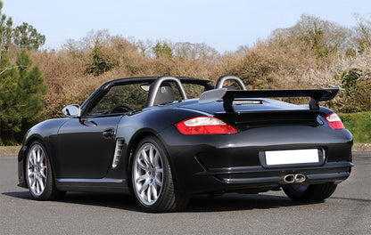 Back View of Rear Spoiler for Porsche Boxster 987 on vehicle. Made from 1st grade FRP (reinforced fiberglass)