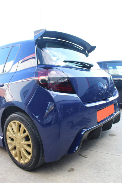 Back Side View of Roof Spoiler for Renault Clio III Sport on vehicle. Made from 1st grade FRP (reinforced fiberglass)