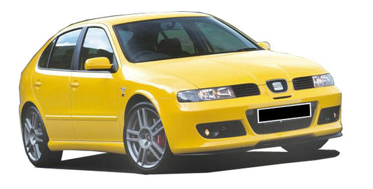 Front side view of Yellow Seat Leon Cupra with a sporty front bumper design.