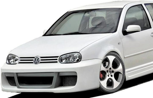 Volkswagen Golf IV with aftermarket front bumper in white, featuring wide air intakes and sport styling.