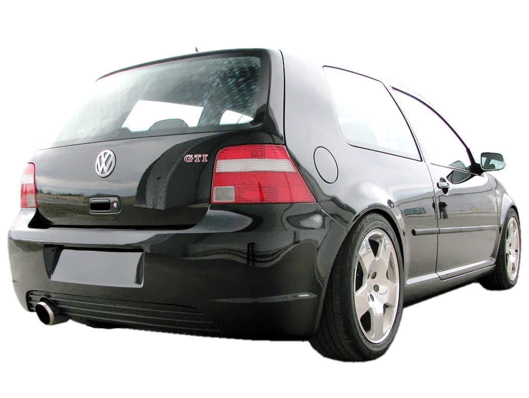 Rear bumper Volkswagen Golf IV R-Line II installed on a black Golf GTI, showcasing a sporty and clean rear look with visible exhaust and lowered suspension.