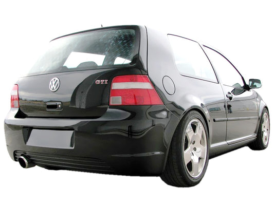 Rear bumper Volkswagen Golf IV R-Line II installed on a black Golf GTI, showcasing a sporty and clean rear look with visible exhaust and lowered suspension.