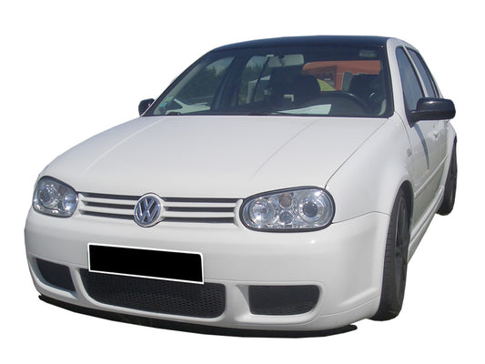 Front view of a White Volkswagen Golf IV with R32 Look front bumper upgrade.