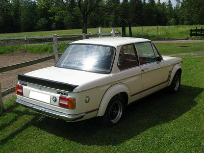 Back View of Set of Wheel Arches for BMW 2002 Turbo on vehicle. Made from 1st grade FRP (reinforced fiberglass)