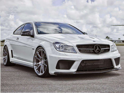 Front View of Body Kit for Mercedes C63 Coupe W204 Black Series on vehicle. Made from 1st grade FRP (reinforced fiberglass)