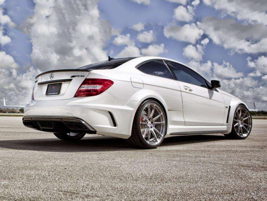 Back View of Body Kit for Mercedes C63 Coupe W204 Black Series on vehicle. Made from 1st grade FRP (reinforced fiberglass)