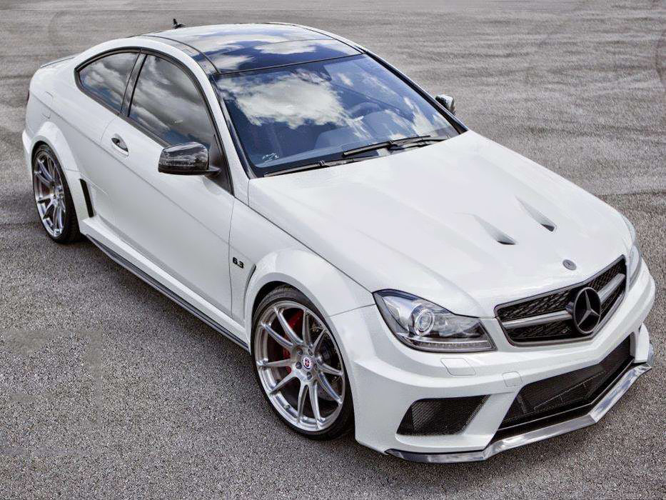 Top View of Body Kit for Mercedes C63 Coupe W204 Black Series on vehicle. Made from 1st grade FRP (reinforced fiberglass)