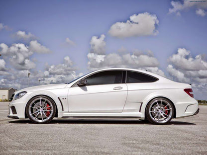 Side View of Body Kit for Mercedes C63 Coupe W204 Black Series on vehicle. Made from 1st grade FRP (reinforced fiberglass)