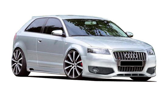 Front View of Front Bumper for Audi A3 2003 S3 LOOK on vehicle (Fog Lights not included). Made from 1st grade FRP (reinforced fiberglass)