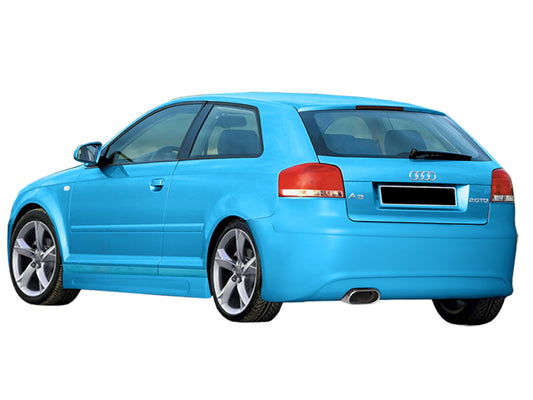 Back View of Side Skirts for Audi A3 SPORT 2003 on vehicle. Made from 1st grade FRP (reinforced fiberglass)