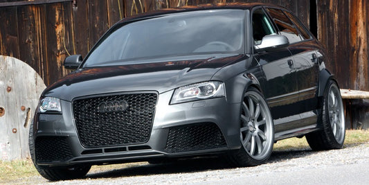 Front View of Front Bumper for Audi A3 8P RS3 LOOK (2005-2008) on vehicle. Made from 1st grade FRP (reinforced fiberglass)