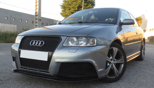 Front View of Front Bumper for Audi A3 8L (96-00) S3 LOOK on vehicle (Fog Lights not included). Made from 1st grade FRP (reinforced fiberglass)