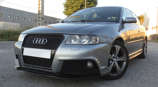Front View of Front Bumper for Audi A3 8L (96-00) RS3 LOOK 2005 Fog Lights on vehicle (Fog Lights & Logo Support not included). Made from 1st grade FRP (reinforced fiberglass)