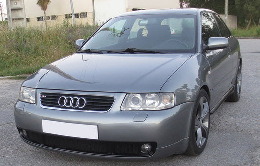 Front View of Front Bumper for Audi A3 8L (96-00) S3 LOOK on vehicle (Fog Lights not included). Made from 1st grade FRP (reinforced fiberglass)