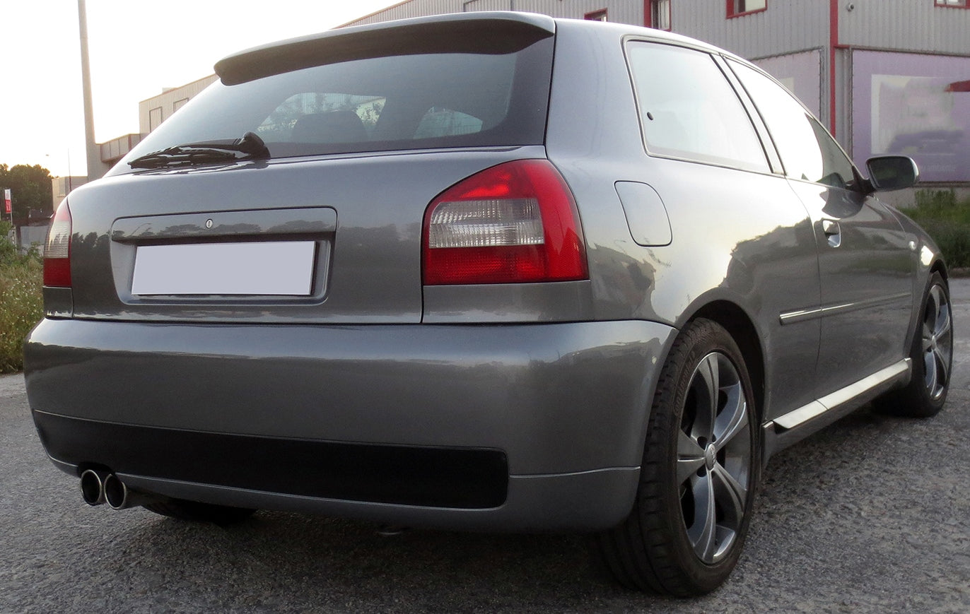 Back View of Rear Bumper for Audi A3 8L (96-00) S3 LOOK on vehicle. Made from 1st grade FRP ( reinforced fiberglass)