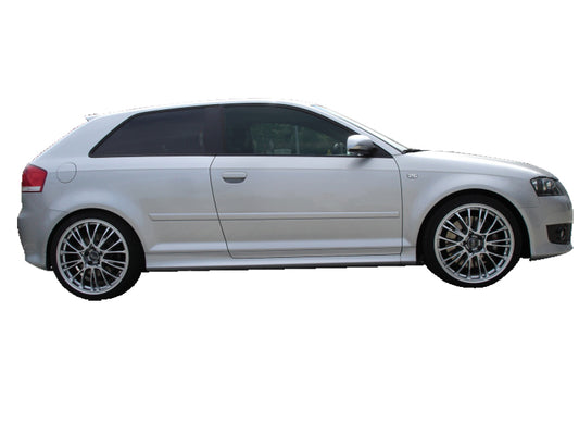 Side View of Side Skirts for Audi A3/8P S3 LOOK on vehicle. Made from 1st grade FRP (reinforced fiberglass)