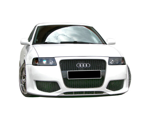 Front Bumper for Audi A3 8L (96-00) Moonlight on vehicle. Supplied with high quality ABS Honeycomb Mesh Grill. Made from 1st grade FRP (reinforced fiberglass).