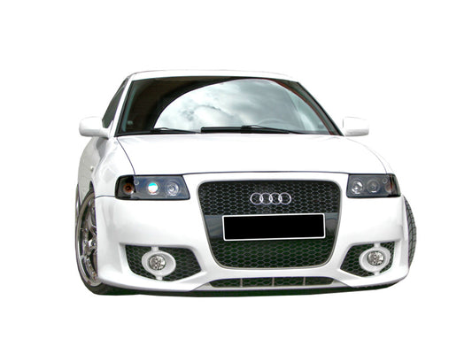 Front Bumper for Audi A3 8L (96-00) Moonlight on vehicle. Supplied with high quality ABS Honeycomb Mesh Grill. Made from 1st grade FRP (reinforced fiberglass).