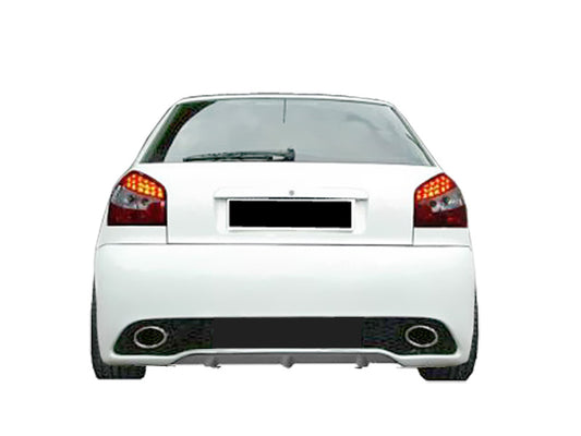 Rear bumper Audi A3 8L Moonlight II in white, with integrated diffuser and twin exhaust outlets, sporty rear design with clean finish.