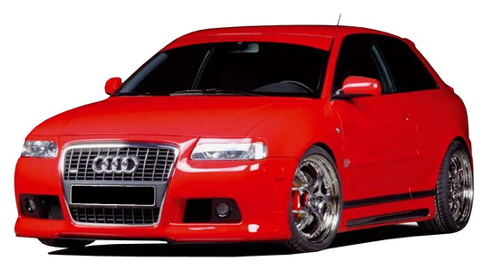 Front View of Front Bumper for AUDI A3 8L (96-00) on vehicle (Fog Lights & Front Grill not included). Made from 1st grade FRP (reinforced fiberglass)