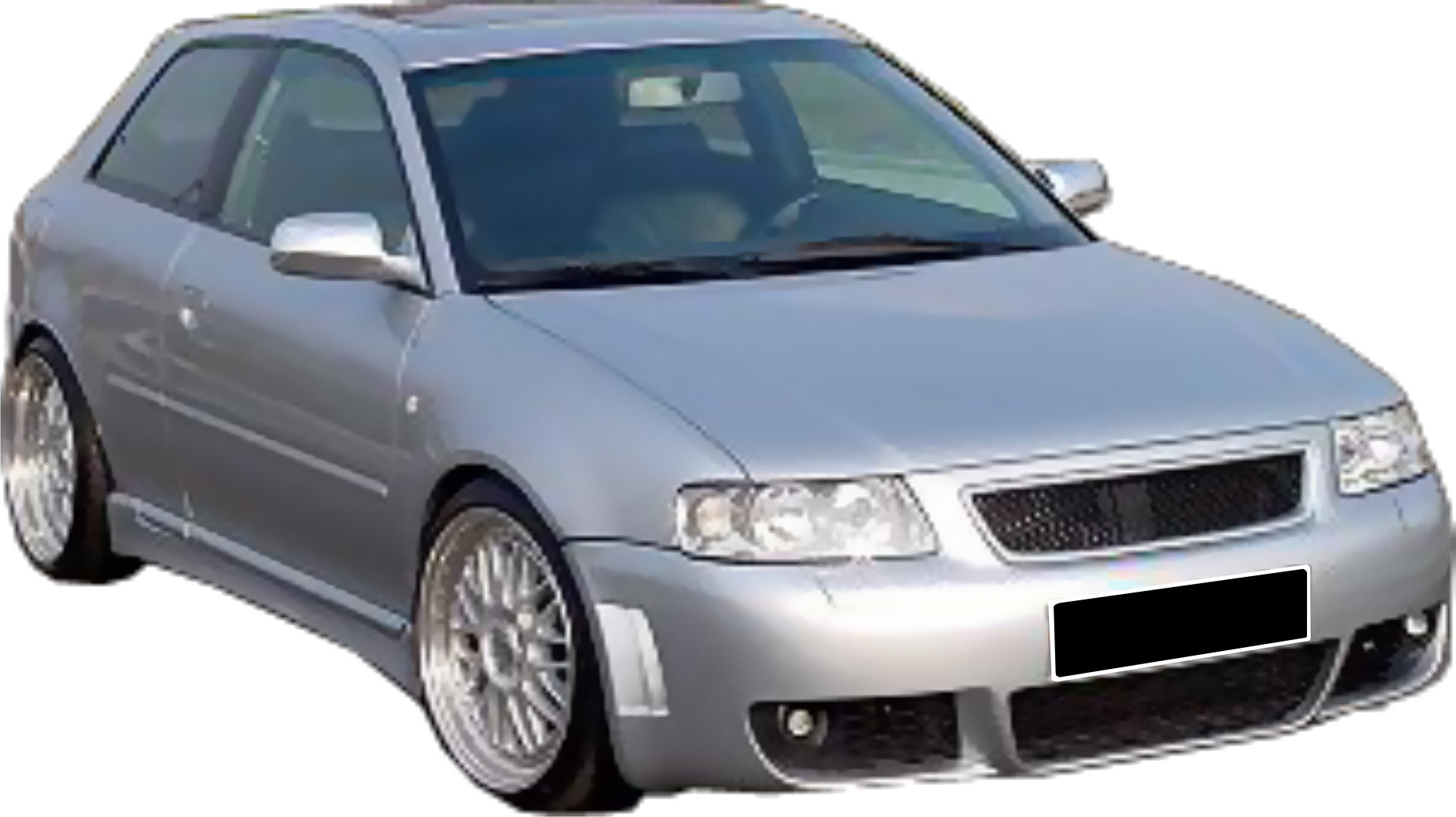Front View of Front Bumper for Audi A3 8L (96-00) SPARK on vehicle (Fog Lights not included). Made from 1st grade FRP (reinforced fiberglass)