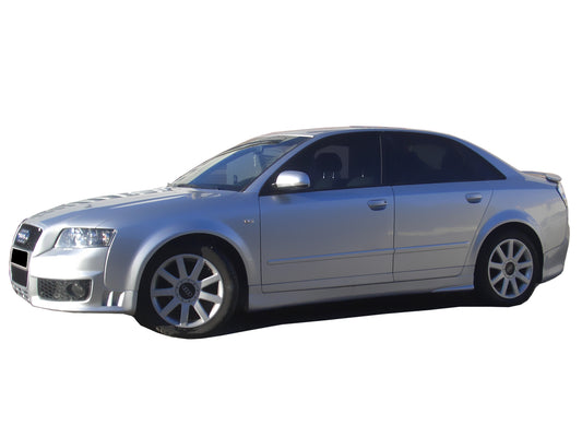 Side View of Side Skirts for Audi A4/B6 2004 SPORT on vehicle. Made from 1st grade FRP (reinforced fiberglass)