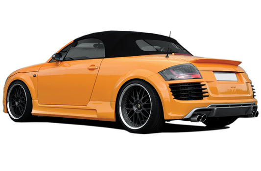 Rear view of an orange Audi TT 8N equipped with the R8 Look rear bumper, featuring dual exhaust outlets, sporty diffuser, and black grille inserts.