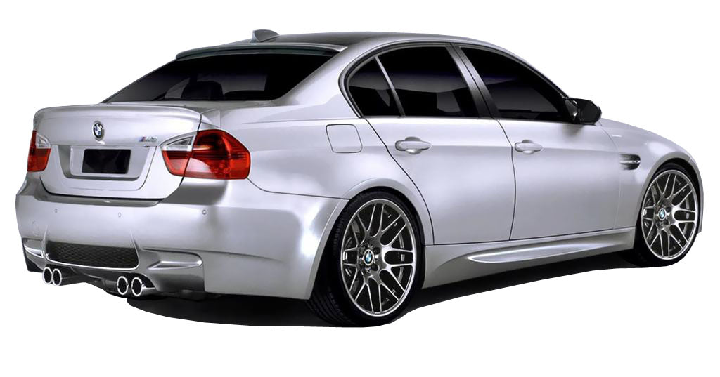 Back View of Side Skirts for BMW 3 SERIES E90/E91 M3 Look on vehicle. Made from 1st grade FRP (reinforced fiberglass)
