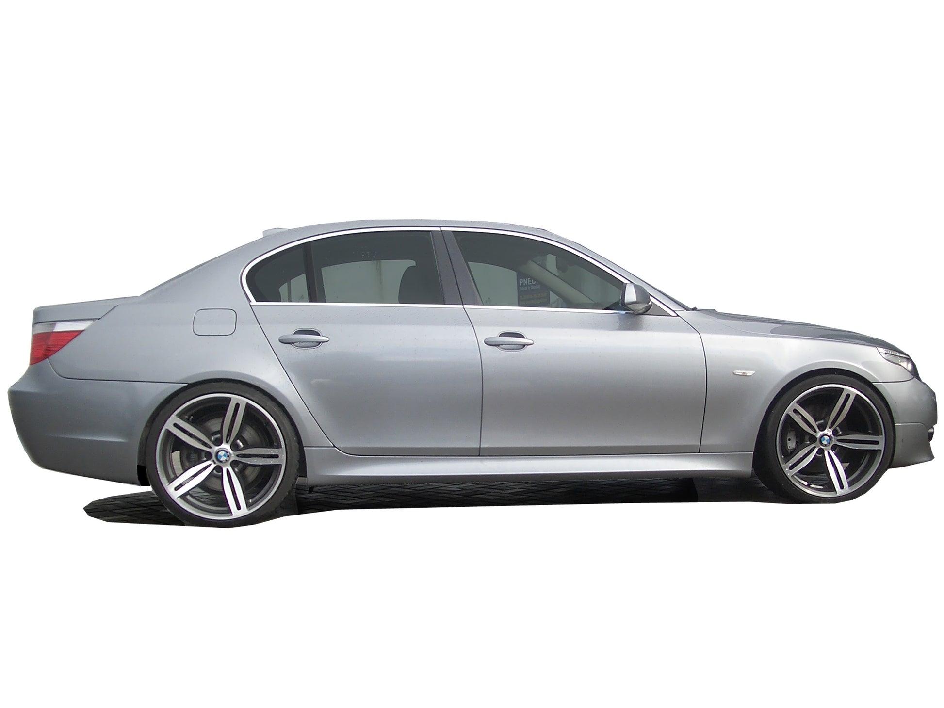 Side View of Side Skirts for BMW E60 PACK M Look on vehicle. Made from 1st grade FRP (reinforced fiberglass)