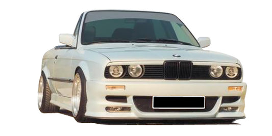 Front View of Front Bumper for BMW 3 Series E30 DRAKE on vehicle, Fog Lights not included. Made from 1st grade FRP (reinforced fiberglass)
