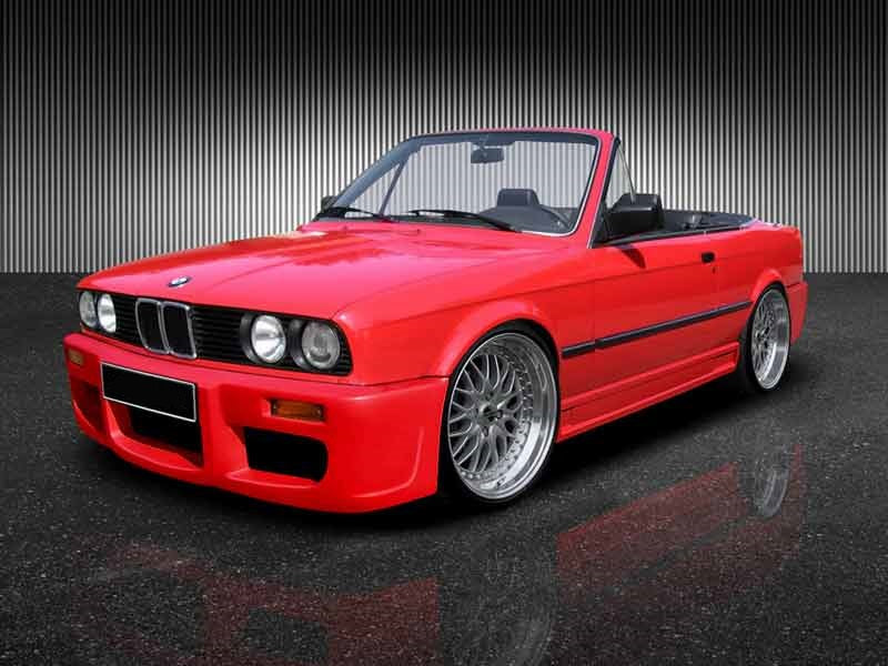 Front View of Front Bumper for BMW 3 Series E30 Plus on vehicle. Made from 1st grade FRP (reinforced fiberglass)