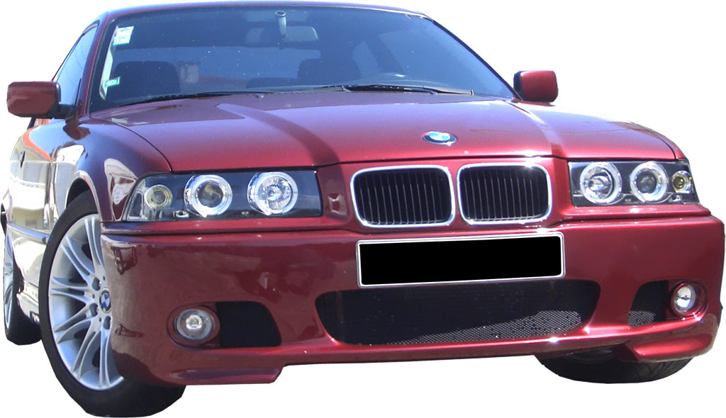 Front View of Front Bumper for BMW 3 Series E36 Pack M Look on vehicle, Fog Lights not included. Made from 1st grade FRP (reinforced fiberglass)