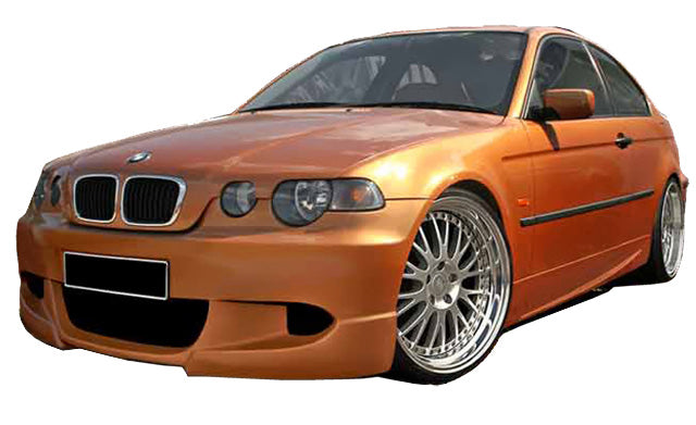 Front View of Front Bumper for BMW 3 Series E46 COMPACT 2001 on vehicle. Made from 1st grade FRP (reinforced fiberglass)