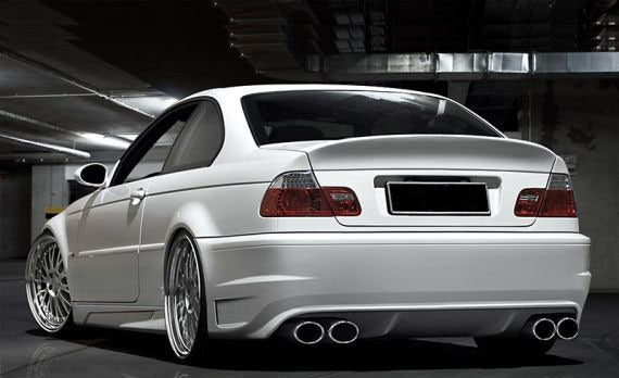 Back View of Rear Bumper for BMW 3 Series E46 Coupe on vehicle. Made from 1st grade FRP (reinforced fiberglass)