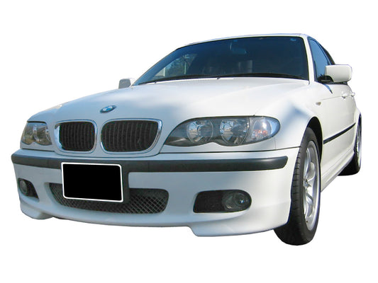 Front View of Front Bumper for BMW 3 Series E46 Pack M Look Fog Lights on vehicle. Made from 1st grade FRP (reinforced fiberglass)