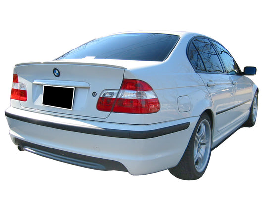 BMW 3 Series E46 sedan with M Pack Look rear bumper in white, highlighting sporty design upgrade.