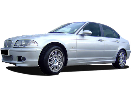 Front View of Side Skirts for BMW 3 SERIES E46 Pack M Look on vehicle. Made from 1st grade FRP (reinforced fiberglass)